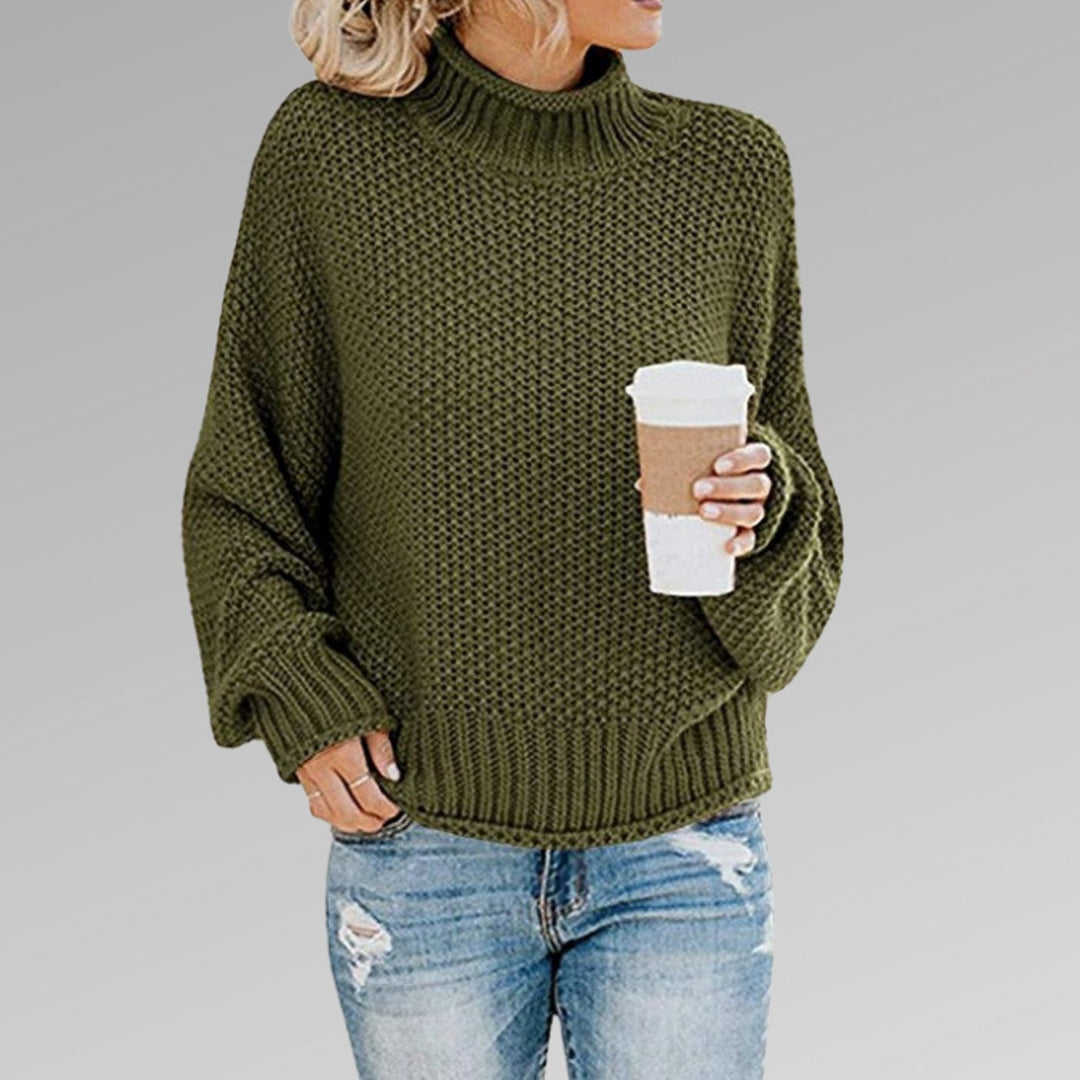 Women's Oversized Turtleneck Chunky Knit Sweater, Orange - Green