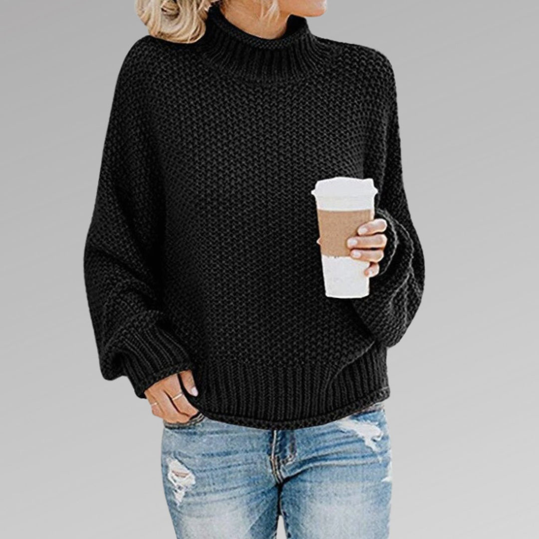 Women's Oversized Turtleneck Chunky Knit Sweater, Orange - Black