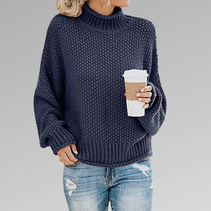 Women's Oversized Turtleneck Chunky Knit Sweater, Orange - Blue