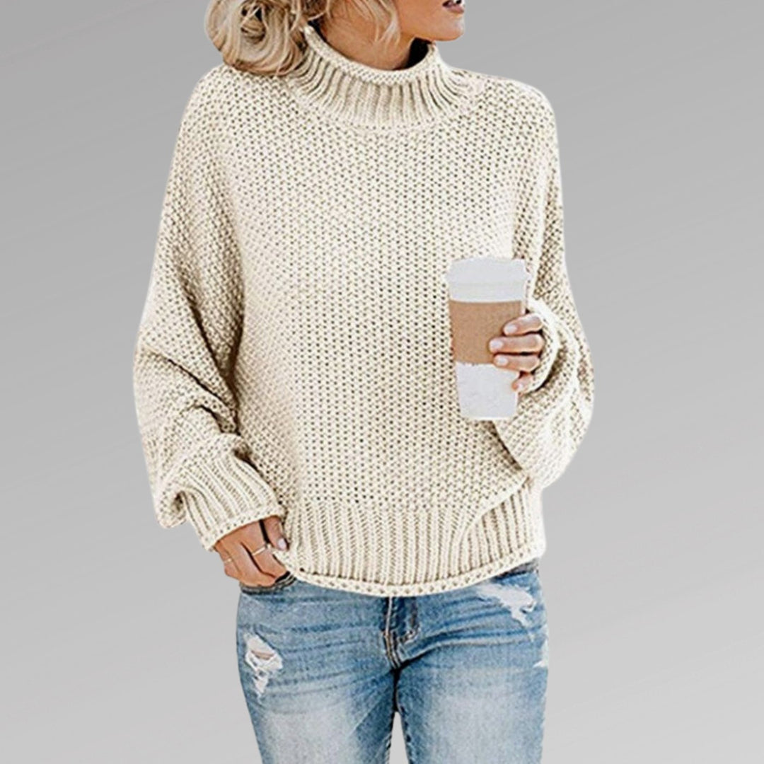 Women's Oversized Turtleneck Chunky Knit Sweater, Orange - White
