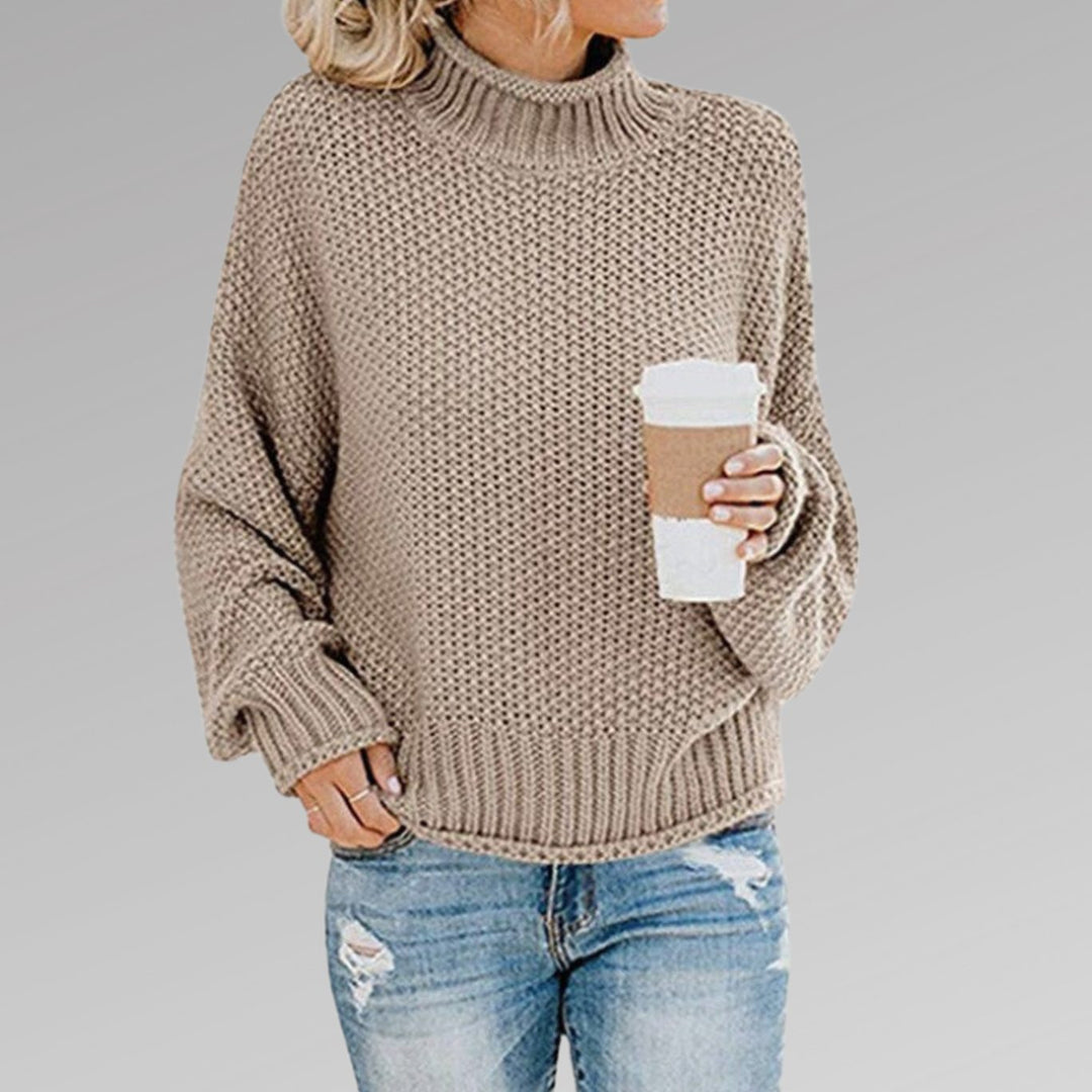 Women's Oversized Turtleneck Chunky Knit Sweater, Orange - Beige