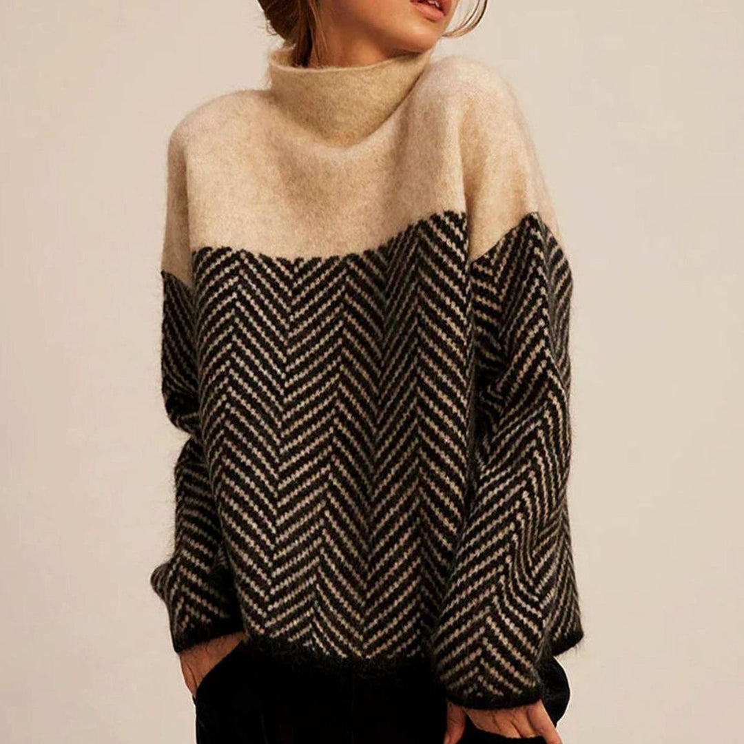 Women's Oversized Turtleneck Herringbone Knit Sweater - Beige