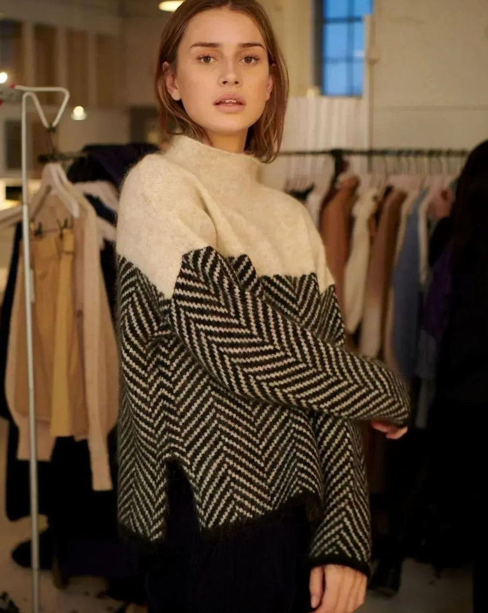 Women's Oversized Turtleneck Herringbone Knit Sweater