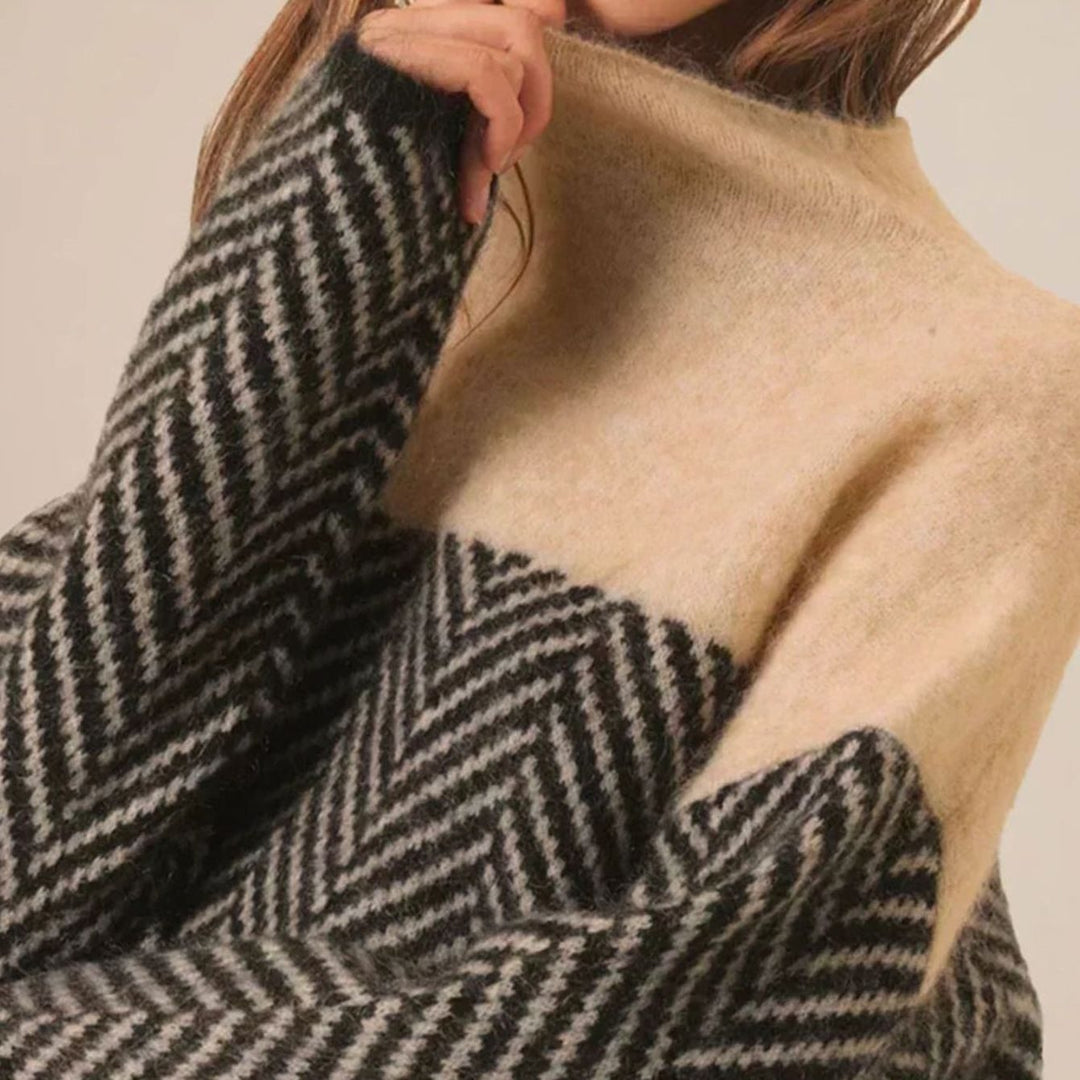 Women's Oversized Turtleneck Herringbone Knit Sweater