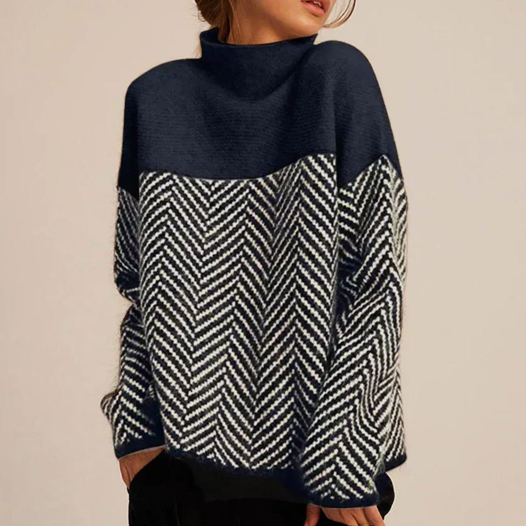 Women's Oversized Turtleneck Herringbone Knit Sweater - Navy Blue