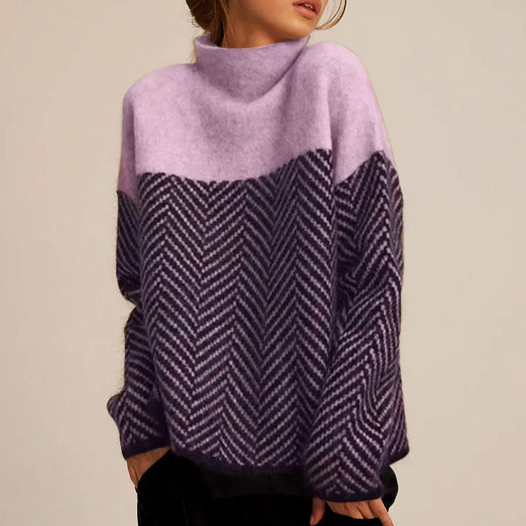 Women's Oversized Turtleneck Herringbone Knit Sweater - Purple