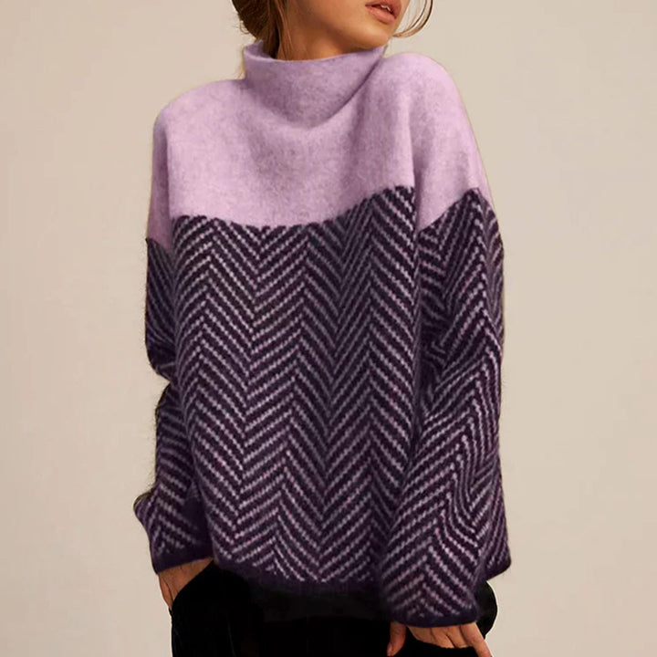 Women's Oversized Turtleneck Herringbone Knit Sweater - Purple