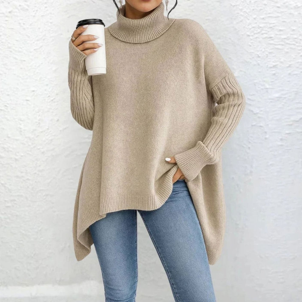 Women's Oversized Turtleneck Knit Sweater Loose-Fit Long Sleeve - Beige