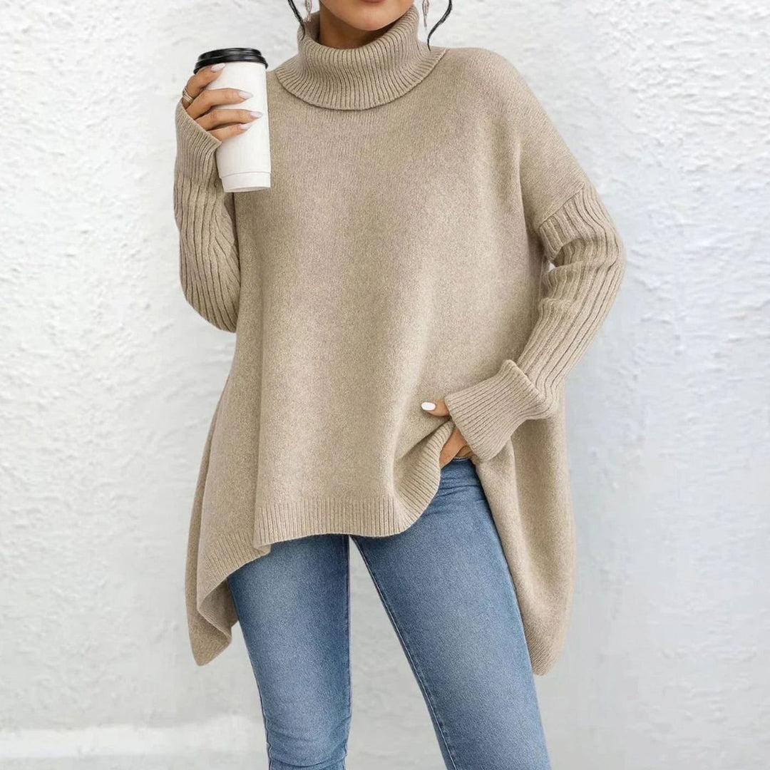 Women's Oversized Turtleneck Knit Sweater Loose-Fit Long Sleeve - Beige