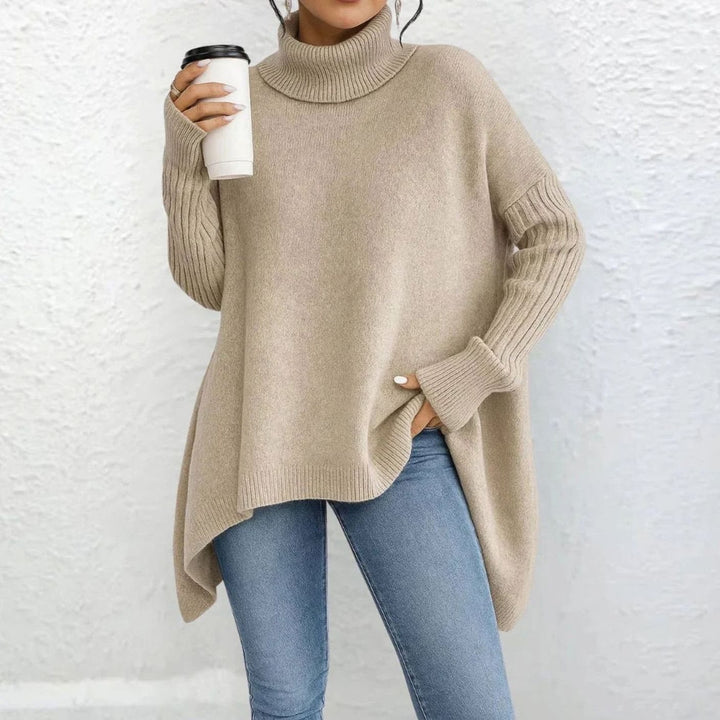 Women's Oversized Turtleneck Knit Sweater Loose-Fit Long Sleeve - Beige