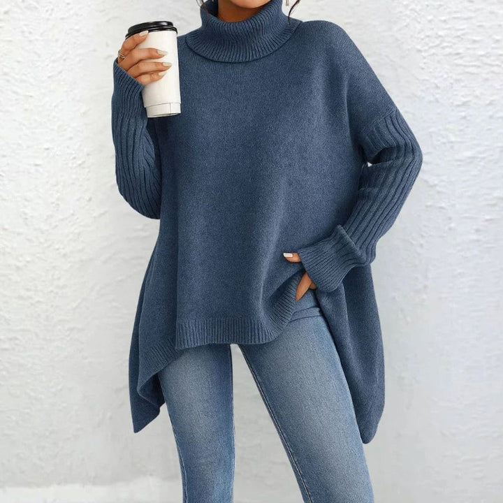 Women's Oversized Turtleneck Knit Sweater Loose-Fit Long Sleeve - Navy Blue