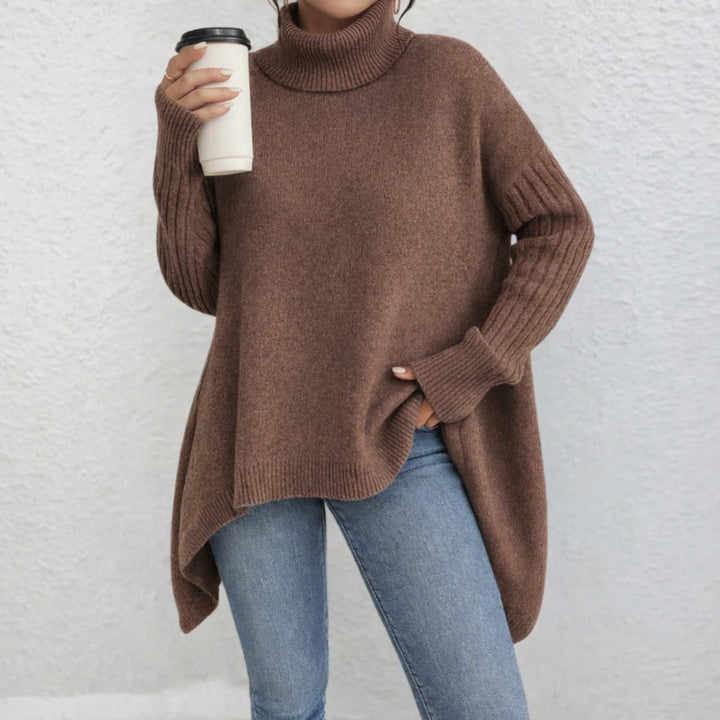 Women's Oversized Turtleneck Knit Sweater Loose-Fit Long Sleeve - Brown