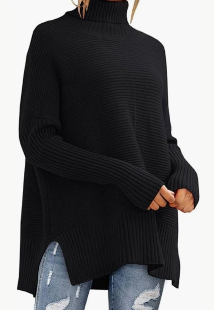 Women's Oversized Turtleneck Ribbed Knit High-Low Sweater - Black