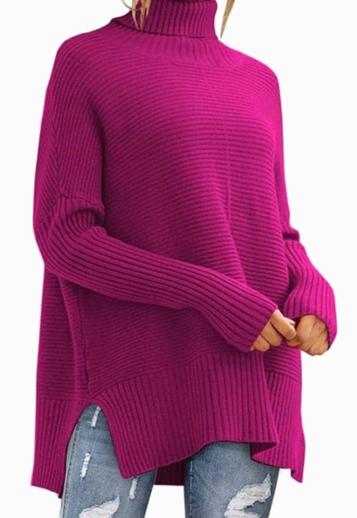 Women's Oversized Turtleneck Ribbed Knit High-Low Sweater - Pink