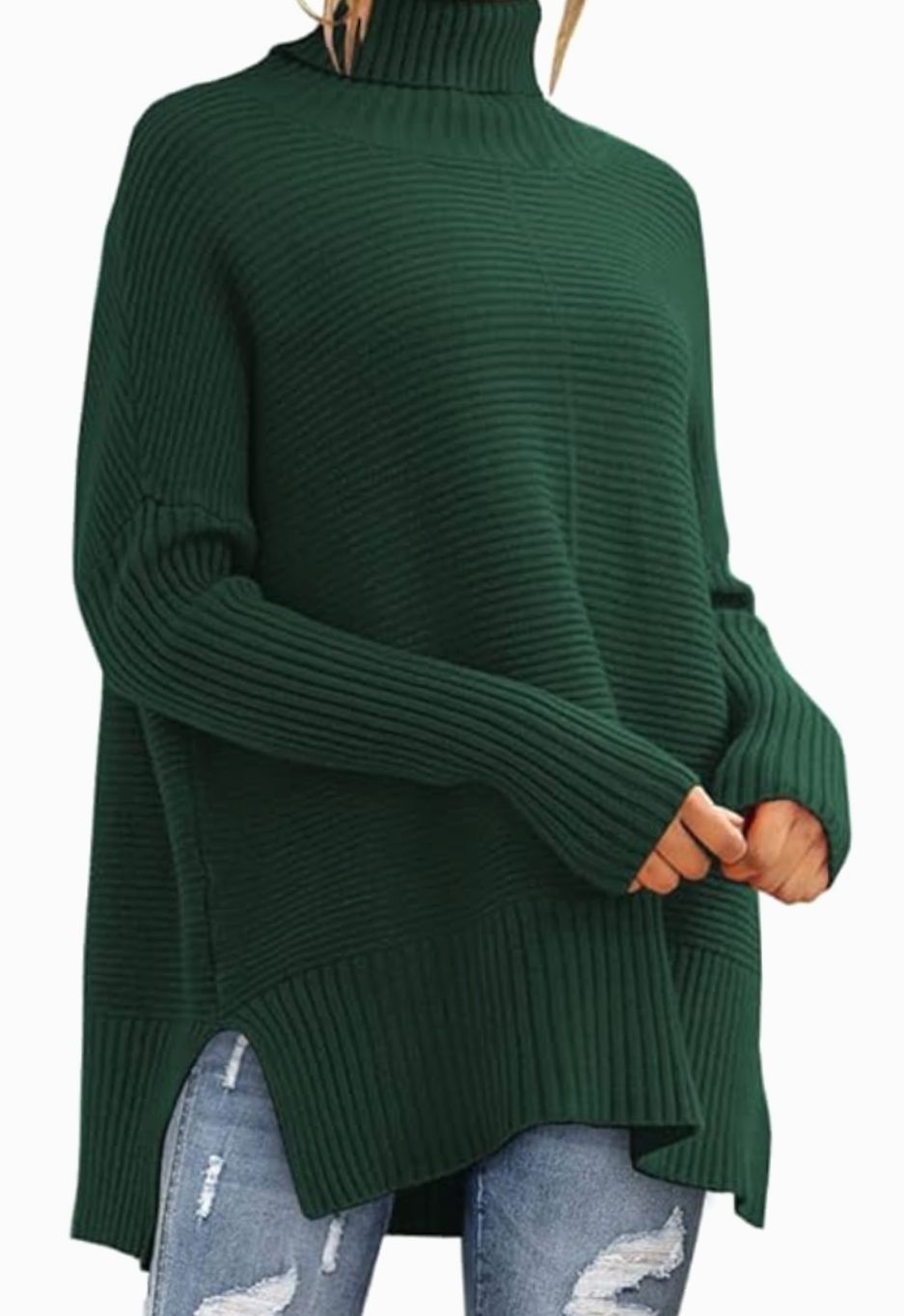 Women's Oversized Turtleneck Ribbed Knit High-Low Sweater - Green