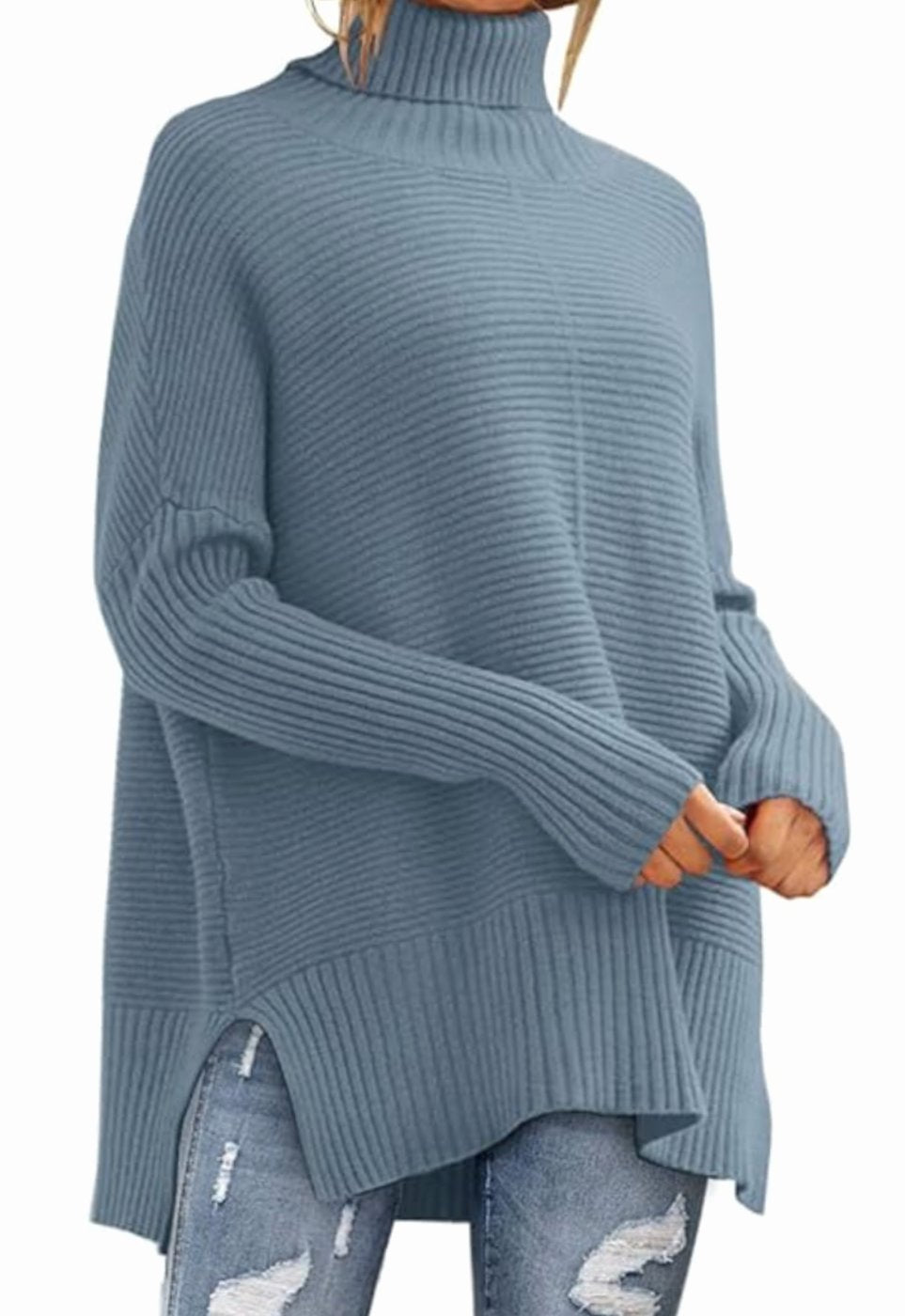 Women's Oversized Turtleneck Ribbed Knit High-Low Sweater - Indigo