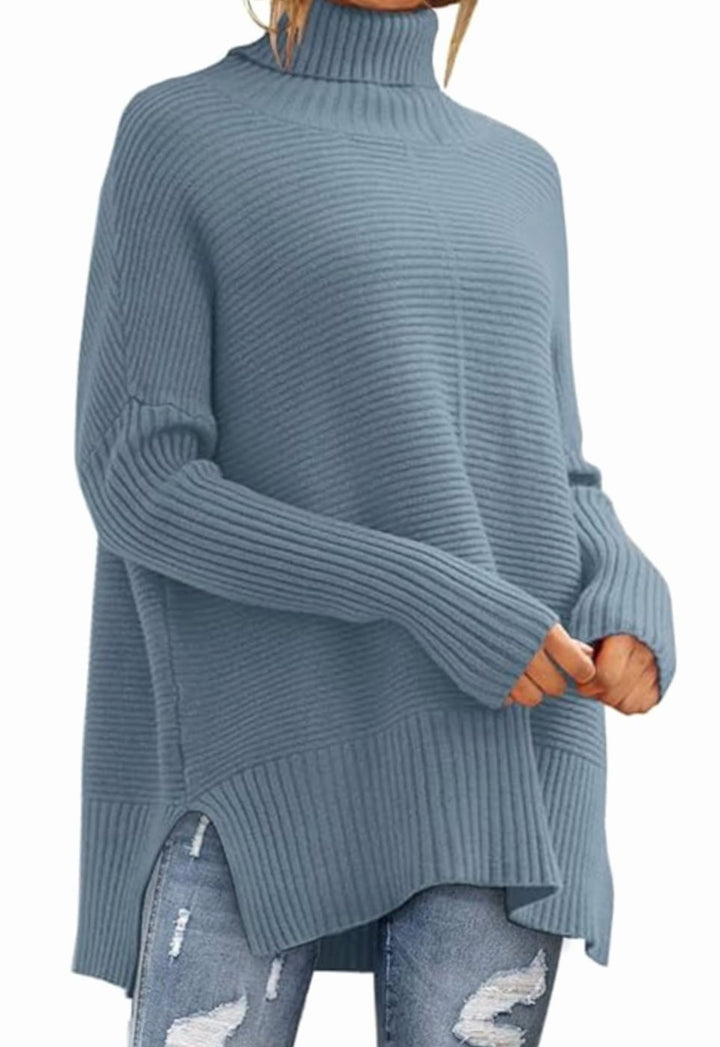 Women's Oversized Turtleneck Ribbed Knit High-Low Sweater - Indigo