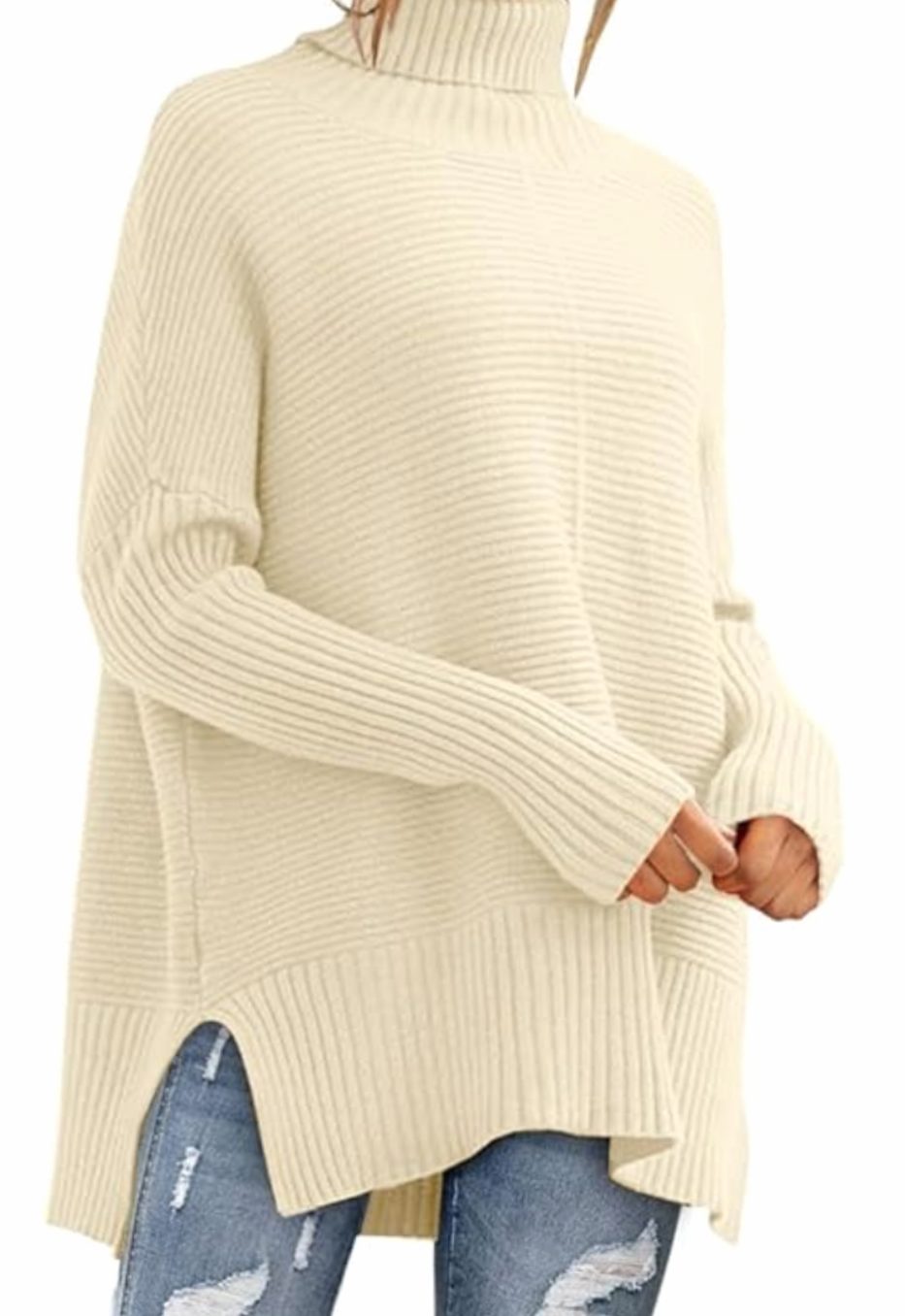 Women's Oversized Turtleneck Ribbed Knit High-Low Sweater - Beige