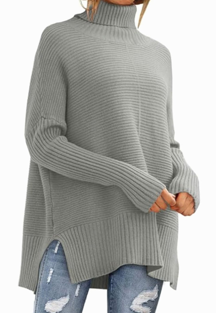 Women's Oversized Turtleneck Ribbed Knit High-Low Sweater - Gray