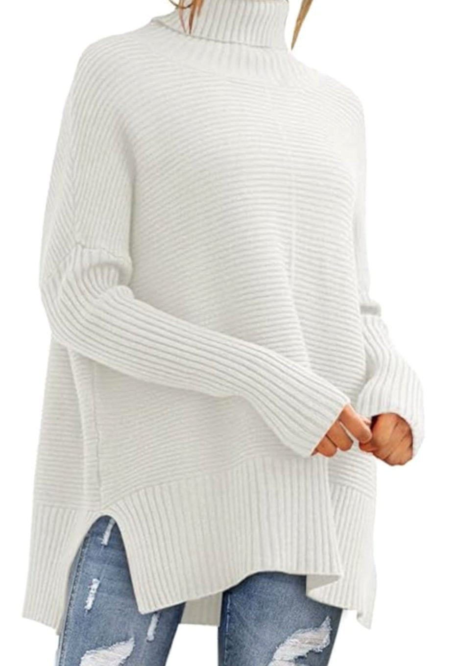 Women's Oversized Turtleneck Ribbed Knit High-Low Sweater - White