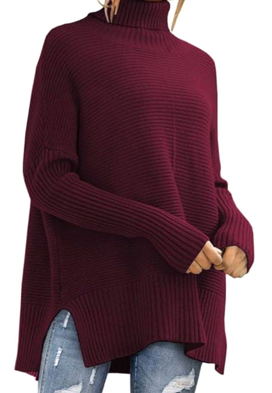 Women's Oversized Turtleneck Ribbed Knit High-Low Sweater - Burgundy
