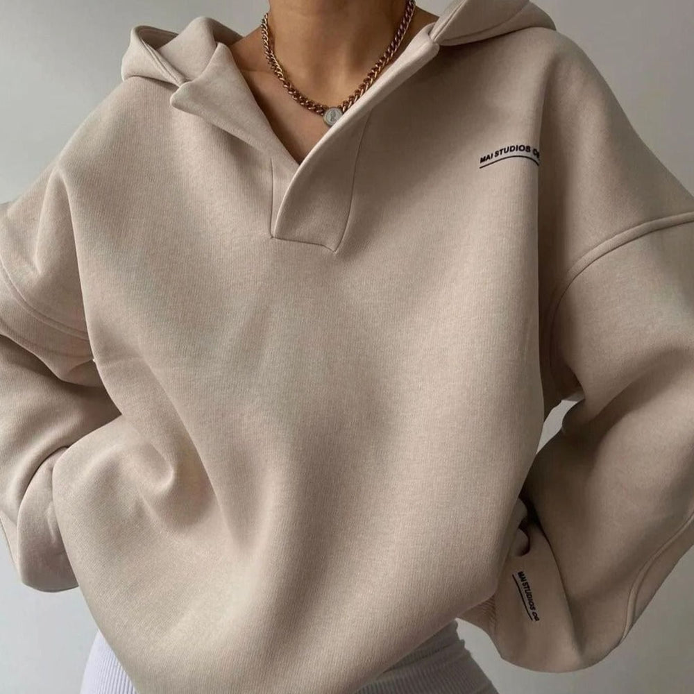 Women's Oversized V-Neck Collared Hoodie Sweatshirt - Beige