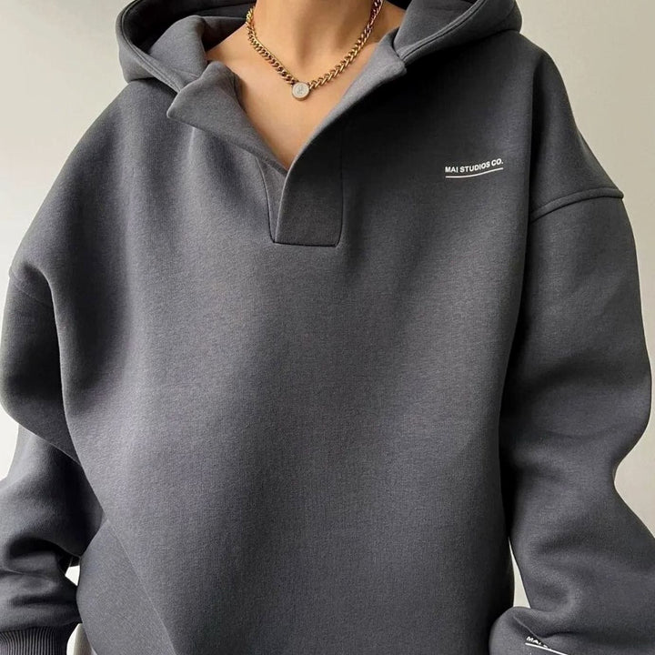 Women's Oversized V-Neck Collared Hoodie Sweatshirt - Gray