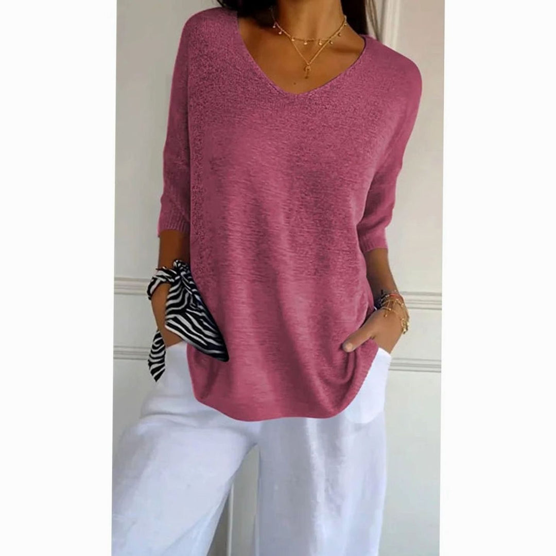Women's Oversized V-Neck Knit Pullover Sweater Top - Style 10