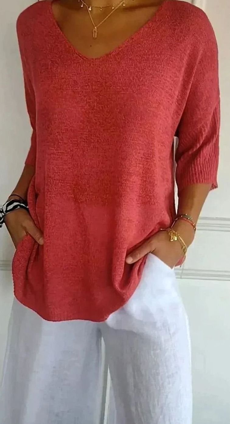 Women's Oversized V-Neck Knit Pullover Sweater Top - Style 2