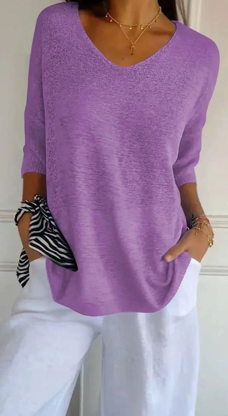 Women's Oversized V-Neck Knit Pullover Sweater Top - Style 3