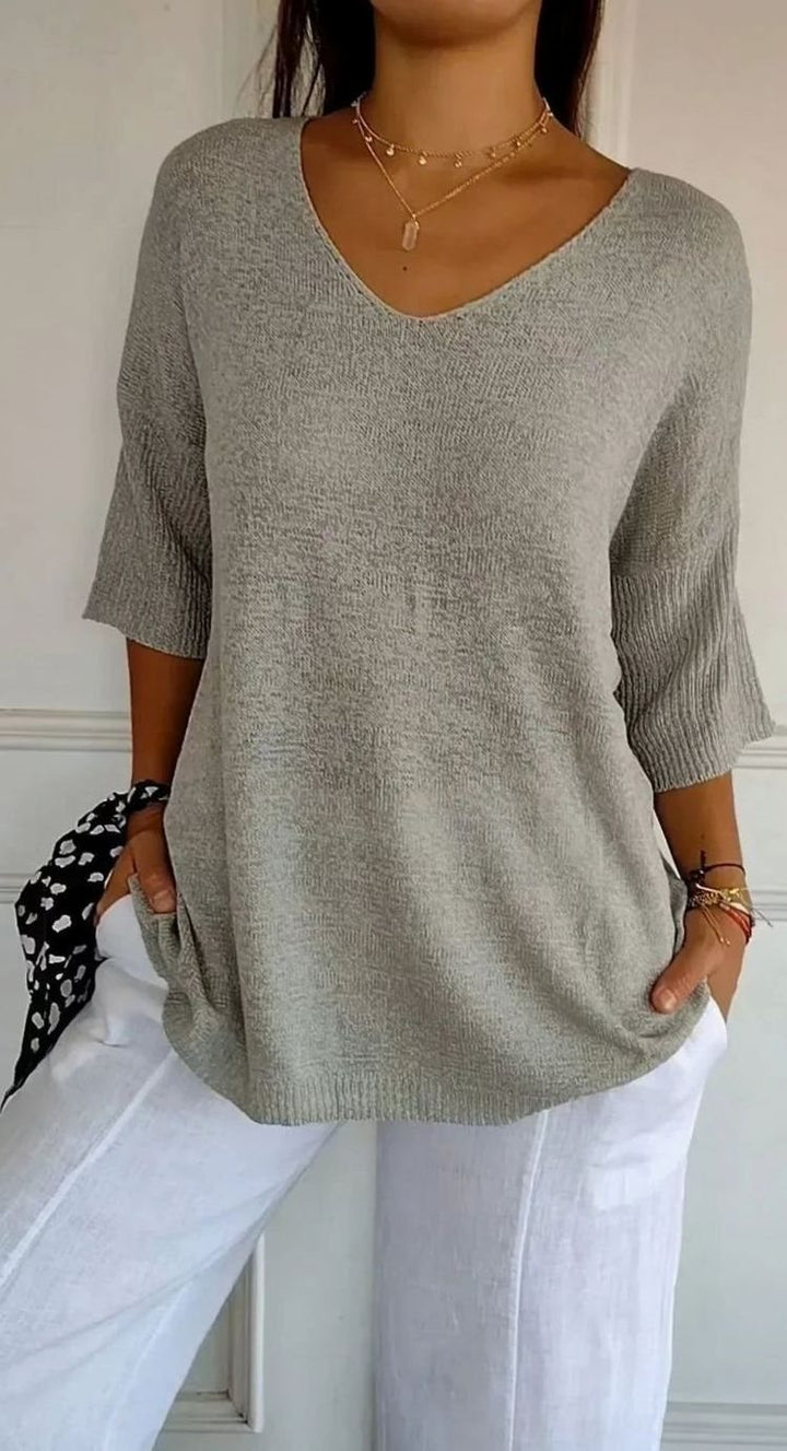 Women's Oversized V-Neck Knit Pullover Sweater Top - Style 6