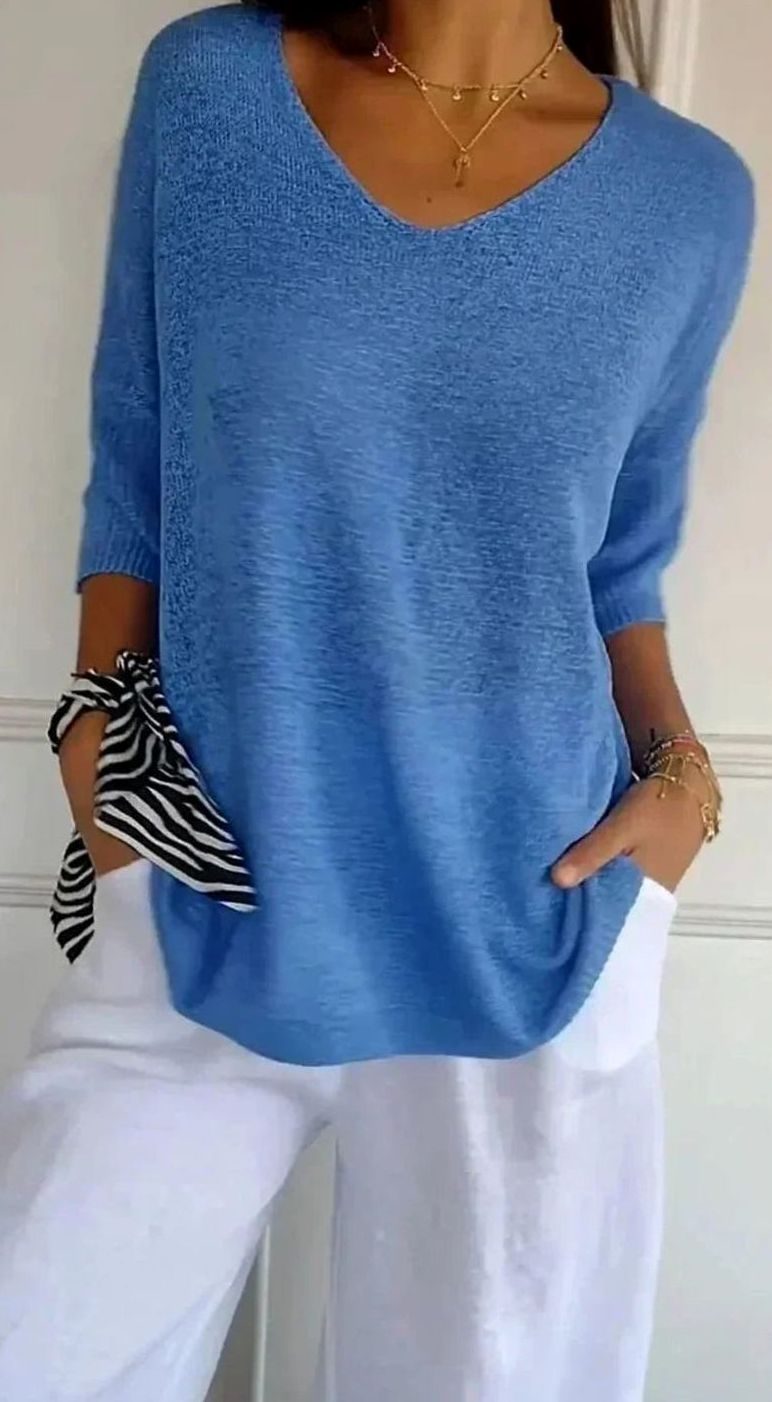 Women's Oversized V-Neck Knit Pullover Sweater Top - Style 7