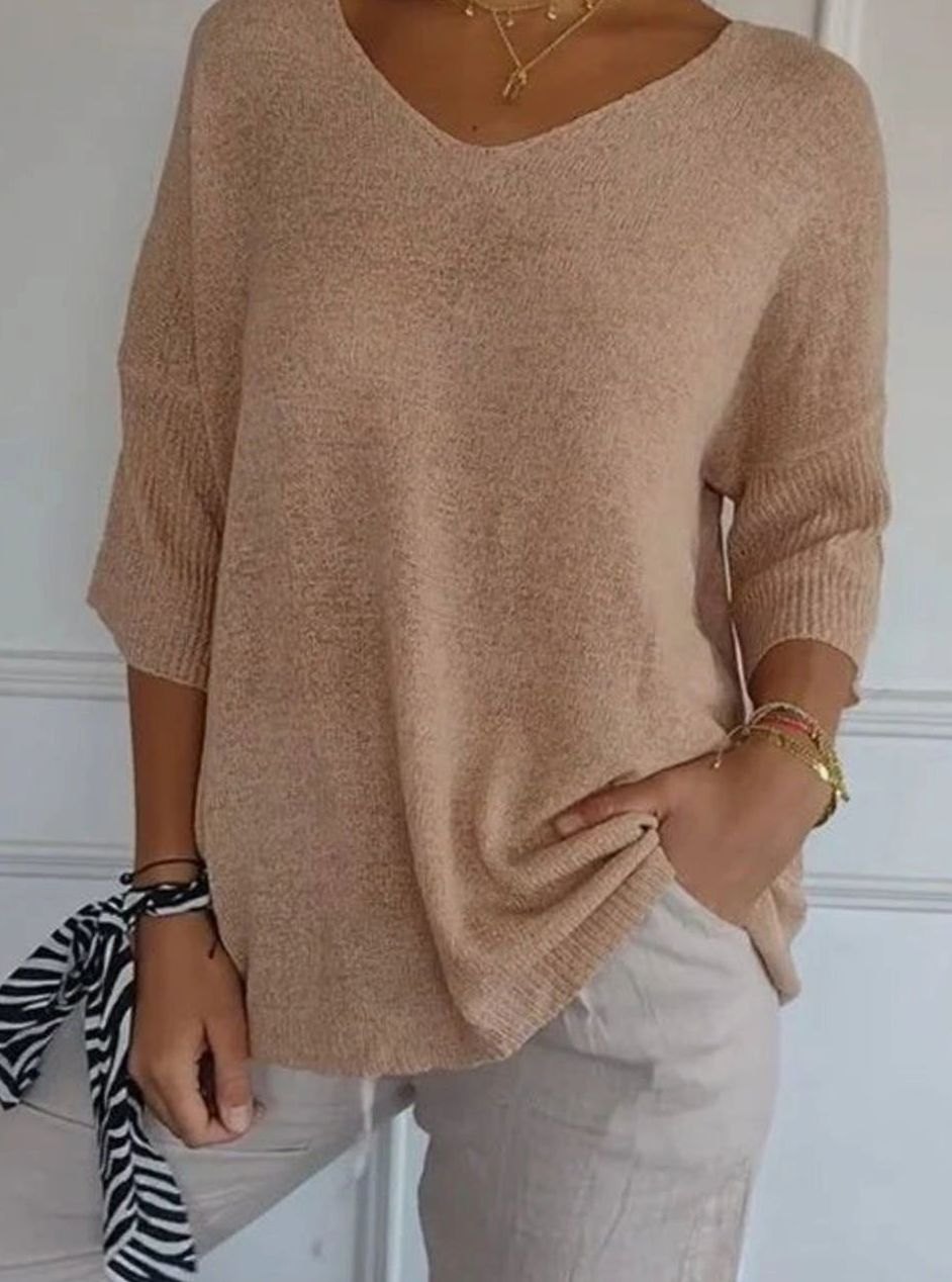 Women's Oversized V-Neck Knit Pullover Sweater Top - Style 8