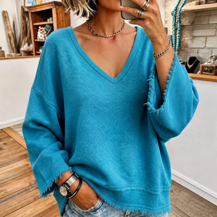 Women's Oversized V-Neck Raw-Hem Garment-Washed Sweatshirt - Blue