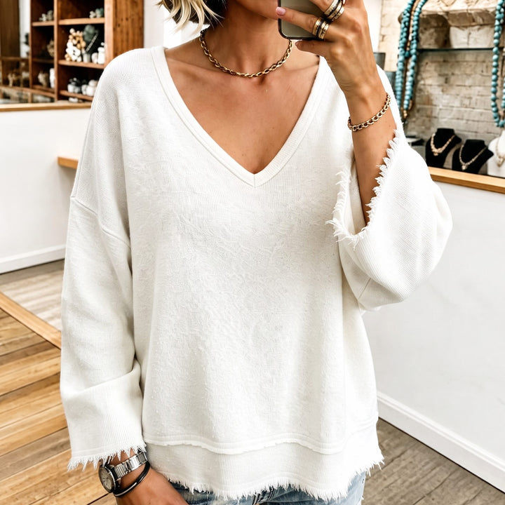 Women's Oversized V-Neck Raw-Hem Garment-Washed Sweatshirt - White