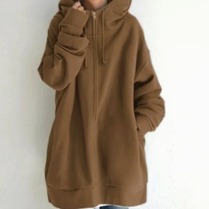 Women's Oversized Zip-Up Drawstring Hoodie Sweatshirt - Brown
