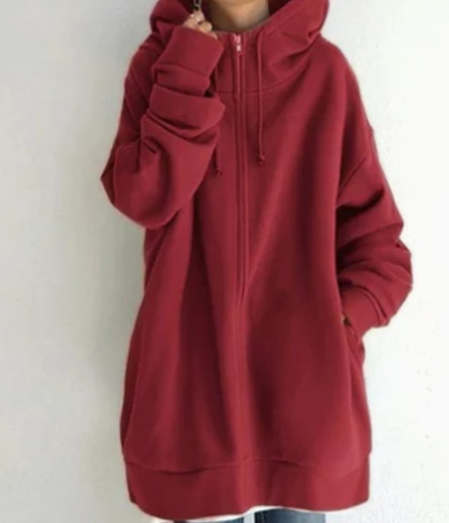 Women's Oversized Zip-Up Drawstring Hoodie Sweatshirt - Red