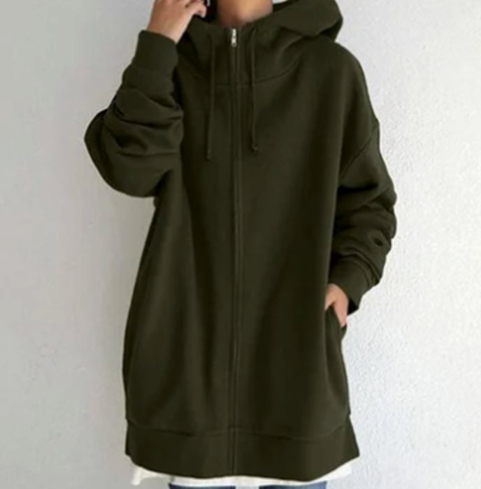 Women's Oversized Zip-Up Drawstring Hoodie Sweatshirt - Dark Green