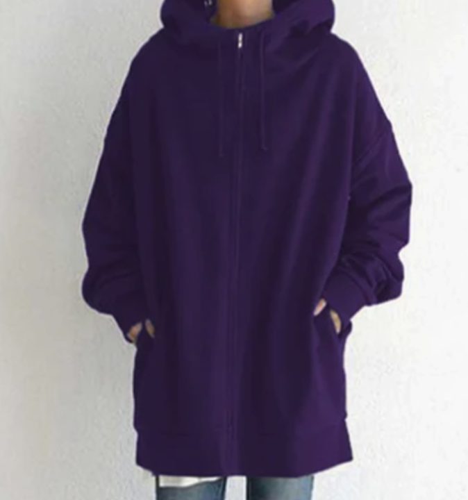 Women's Oversized Zip-Up Drawstring Hoodie Sweatshirt - Dark Violet