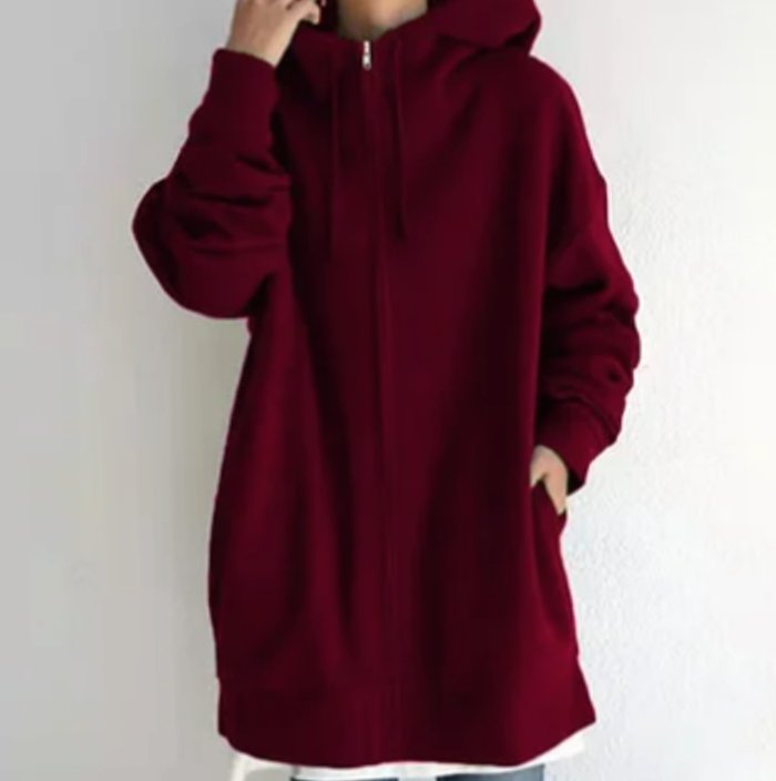 Women's Oversized Zip-Up Drawstring Hoodie Sweatshirt - Dark Red