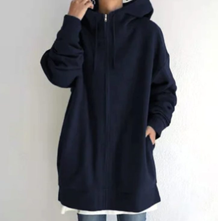 Women's Oversized Zip-Up Drawstring Hoodie Sweatshirt - Dark Blue