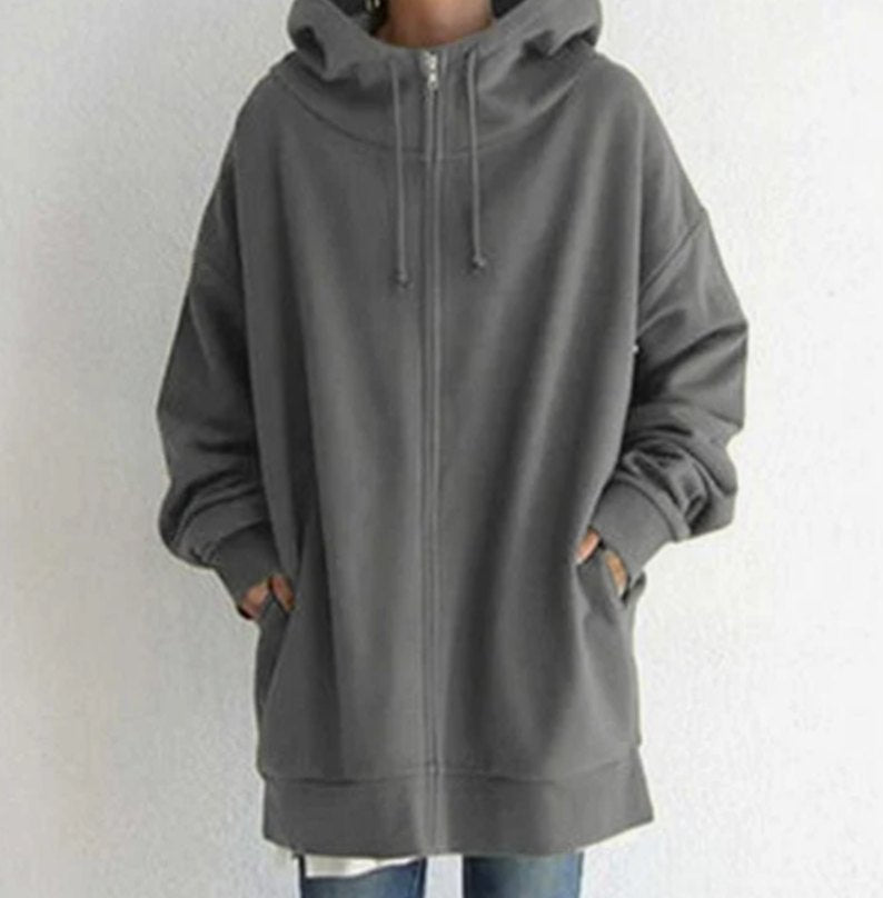 Women's Oversized Zip-Up Drawstring Hoodie Sweatshirt - Gray