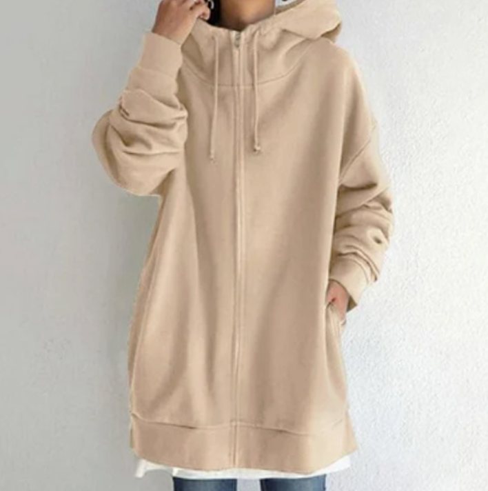 Women's Oversized Zip-Up Drawstring Hoodie Sweatshirt - Khaki