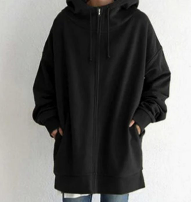 Women's Oversized Zip-Up Drawstring Hoodie Sweatshirt - Black