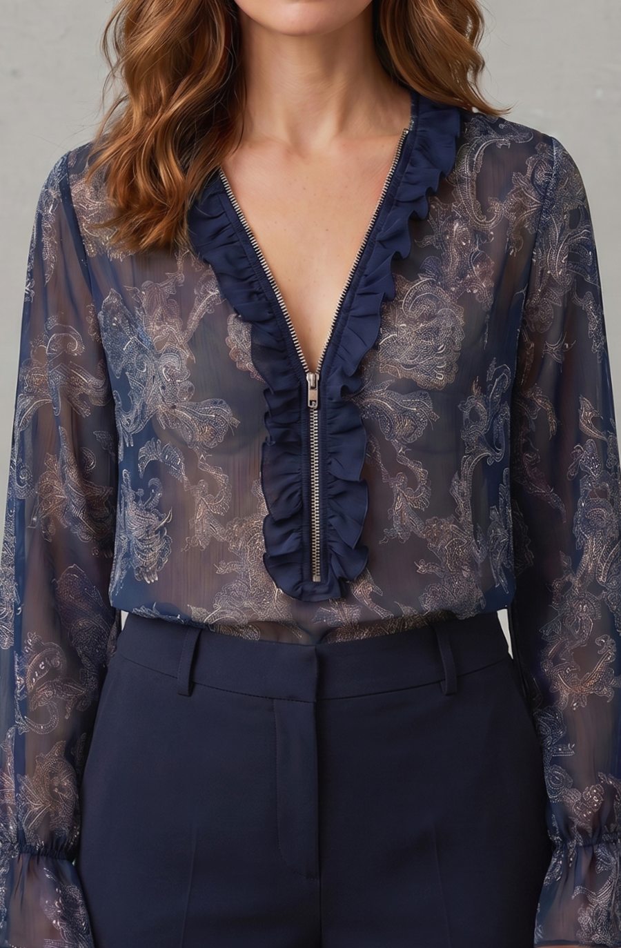 Women's Paisley Chiffon Ruffle V-Neck Long Sleeve Blouse, Navy Blue - Navy Blue