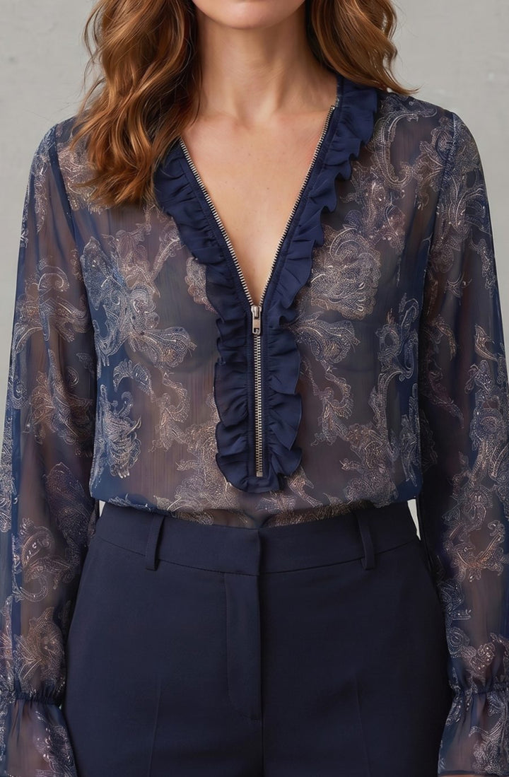 Women's Paisley Chiffon Ruffle V-Neck Long Sleeve Blouse, Navy Blue - Navy Blue