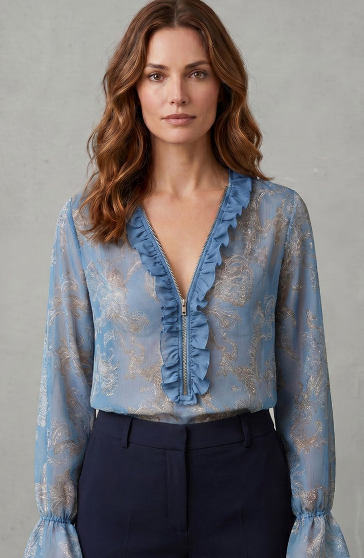 Women's Paisley Chiffon Ruffle V-Neck Long Sleeve Blouse, Navy Blue