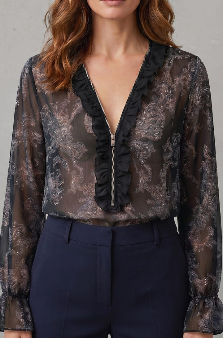 Women's Paisley Chiffon Ruffle V-Neck Long Sleeve Blouse, Navy Blue - Black