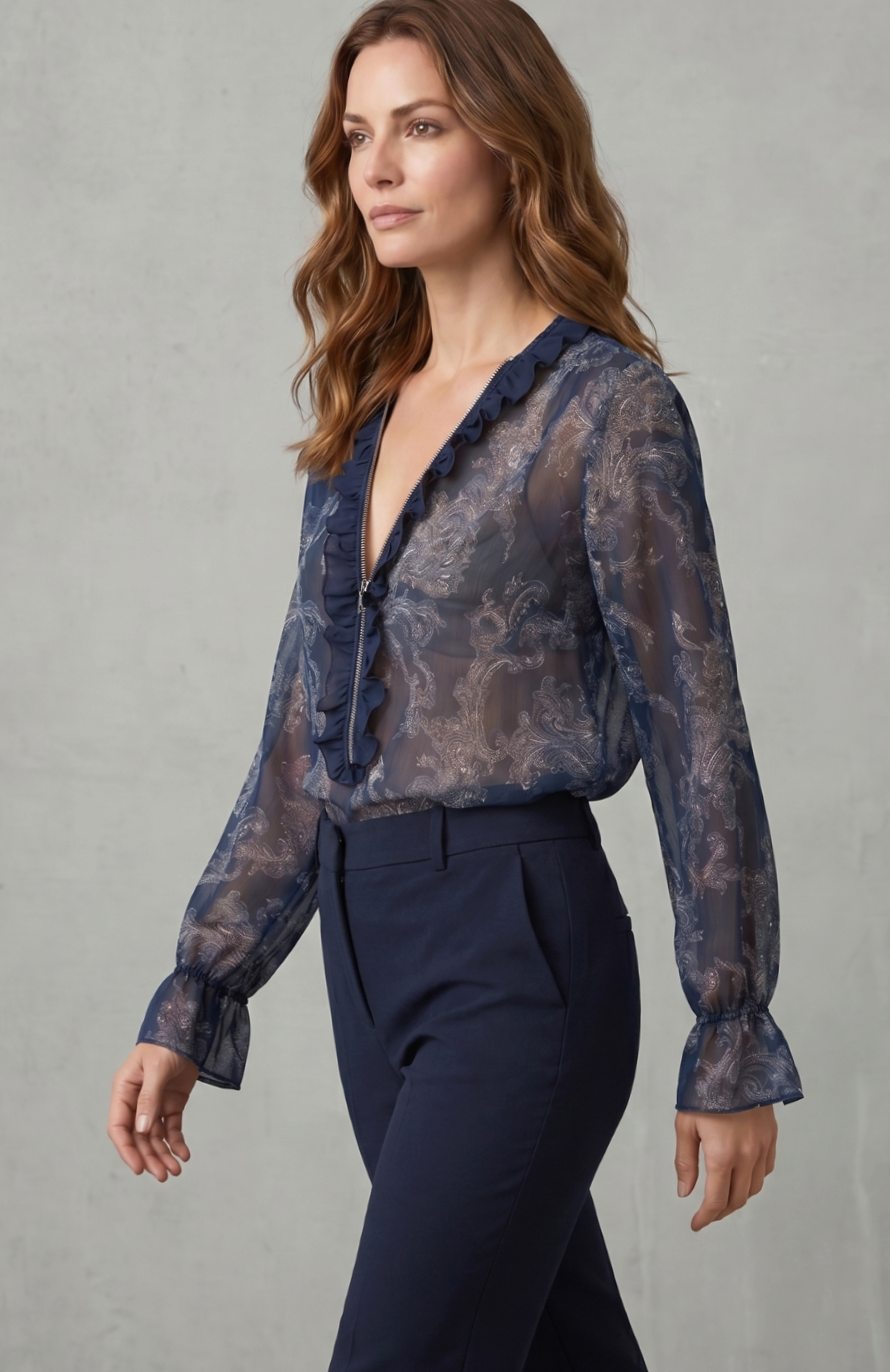 Women's Paisley Chiffon Ruffle V-Neck Long Sleeve Blouse, Navy Blue