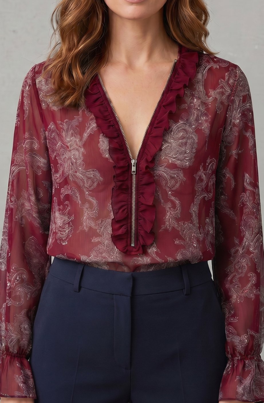 Women's Paisley Chiffon Ruffle V-Neck Long Sleeve Blouse, Navy Blue - Crimson